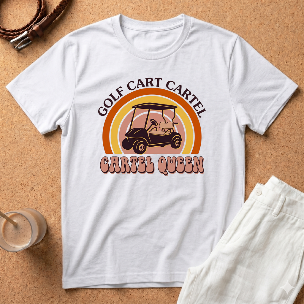 Golf Cart Cartel "Cartel Queen" T-Shirt — Retro Golf Cart Tee for Women & Golfers