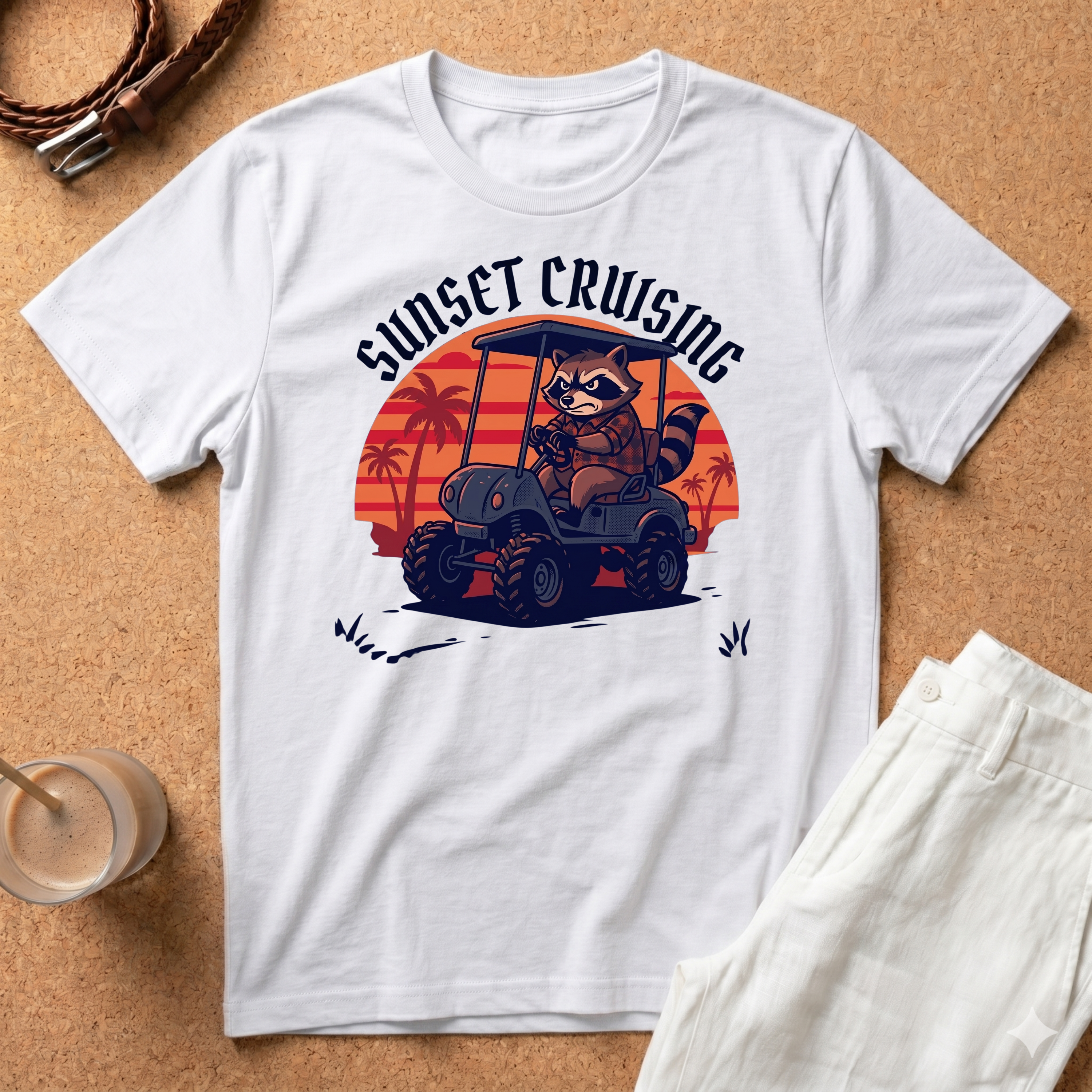 Sunset Cruising T-Shirt — Raccoon Driving Golf Cart Retro Sunset Tee