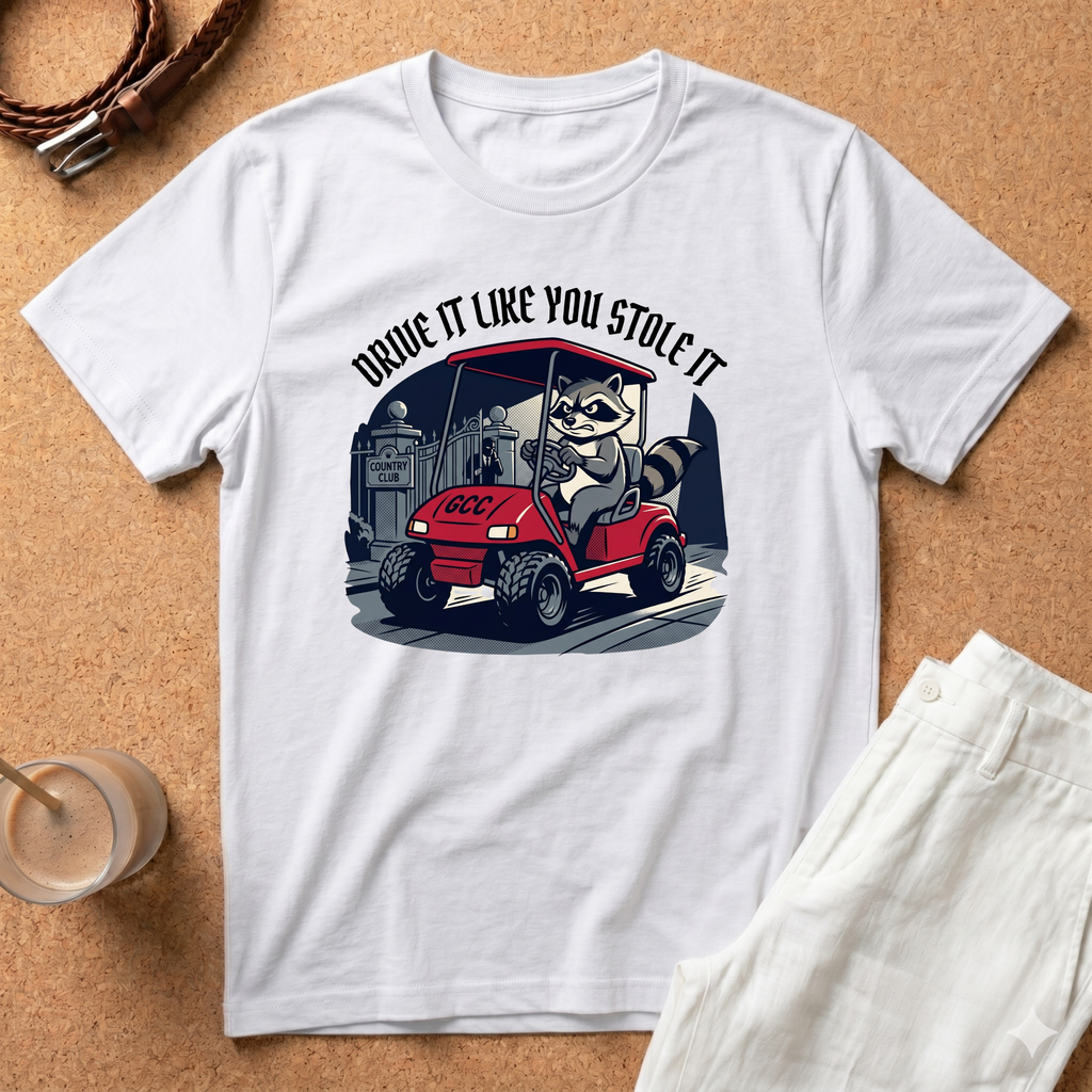 Drive It Like You Stole It T-Shirt — Raccoon Driving Golf Cart Graphic Tee