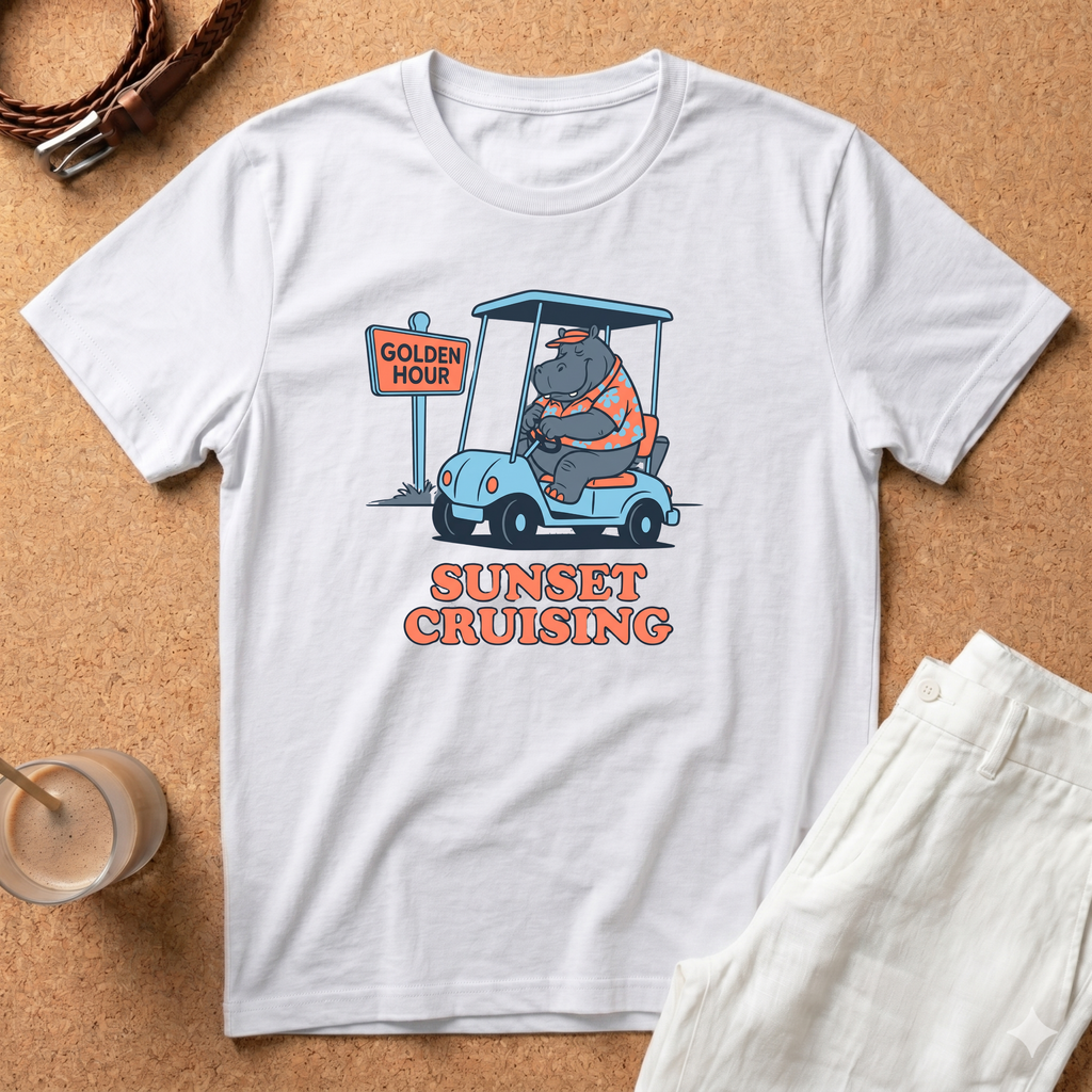Sunset Cruising T-Shirt — Retro Hippo Golf Cart 'Golden Hour' Graphic Tee
