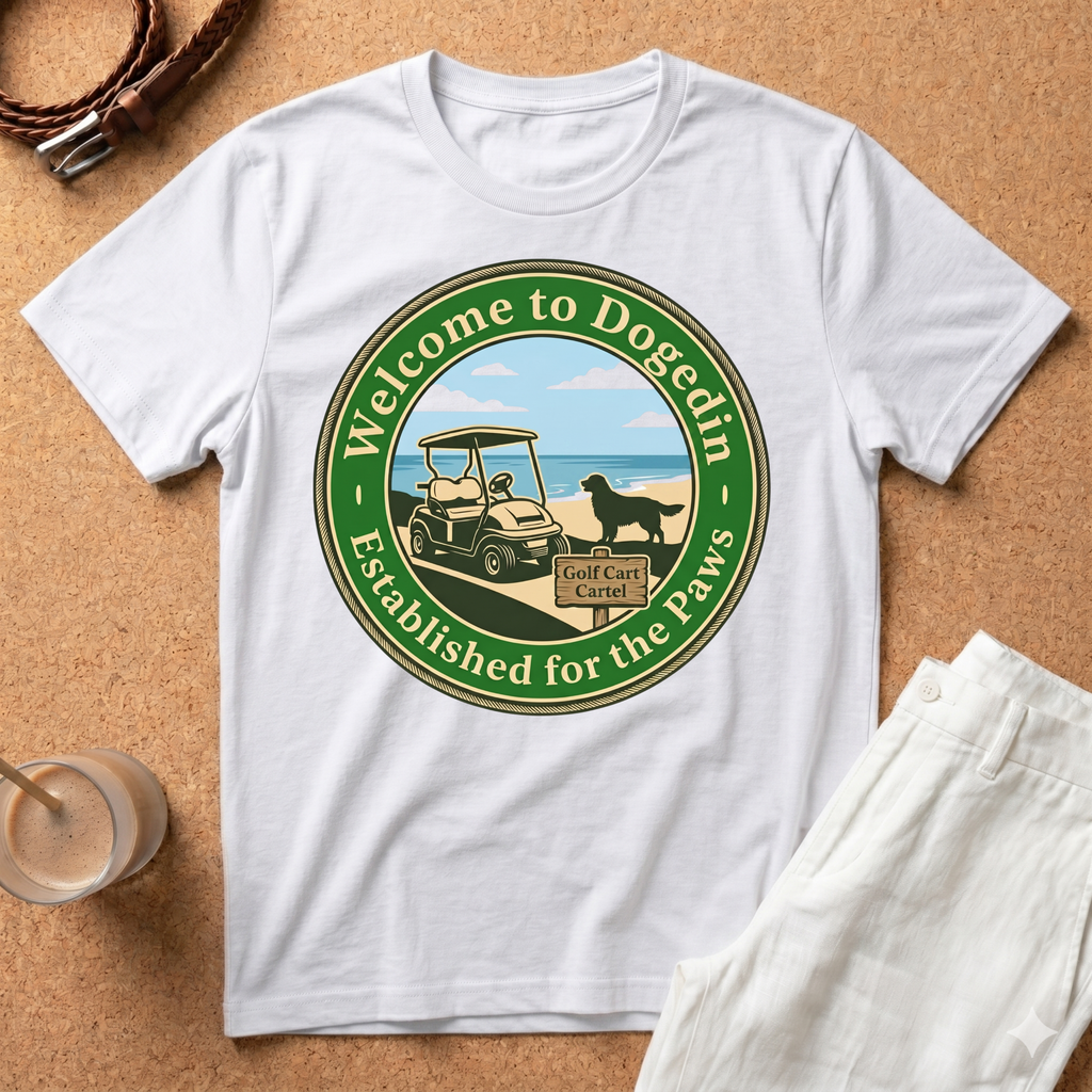 Welcome to Dogedin T-Shirt — 'Established for the Paws' Golf Cart Pet Resort Tee