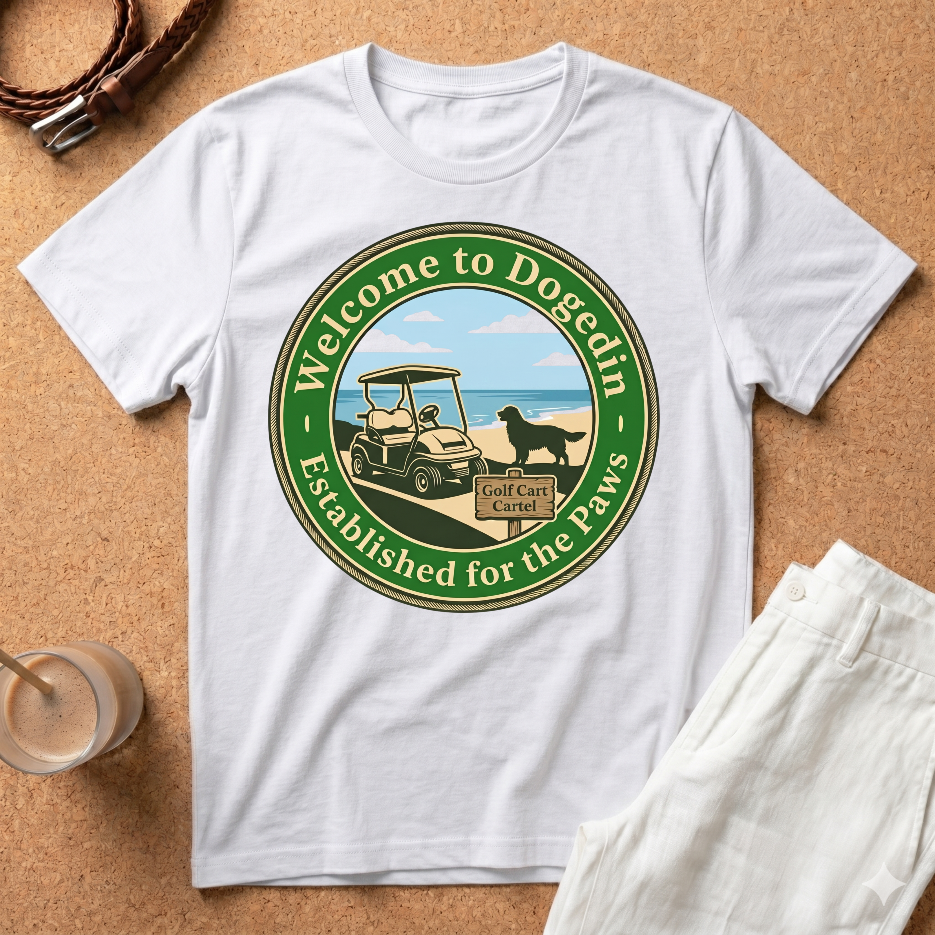 Welcome to Dogedin T-Shirt — 'Established for the Paws' Golf Cart Pet Resort Tee