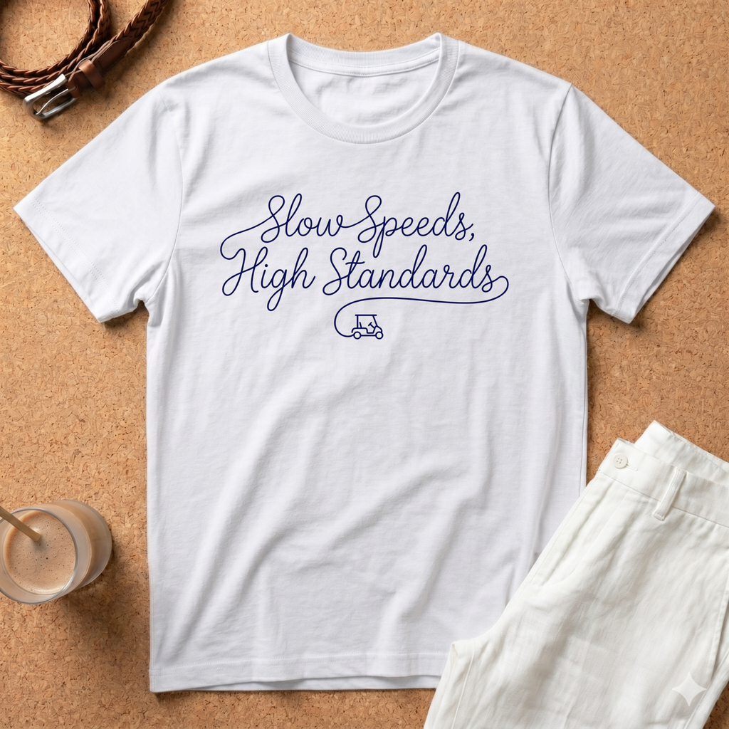 Slow Speeds, High Standards T-Shirt — Golf Cart Cartel Tee