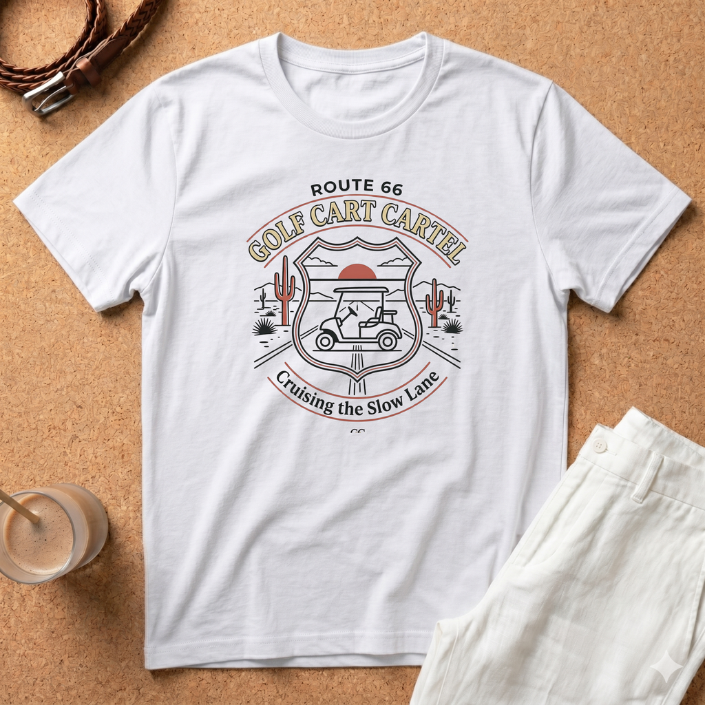 Route 66 Golf Cart T-Shirt — "Golf Cart Cartel" Cruising the Slow Lane Graphic Tee