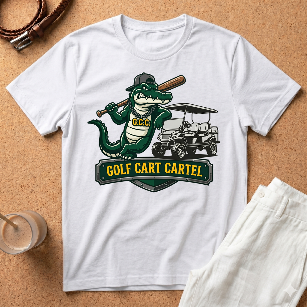 Golf Cart T-Shirt – 'Golf Cart Cartel' Alligator Mascot Graphic Tee