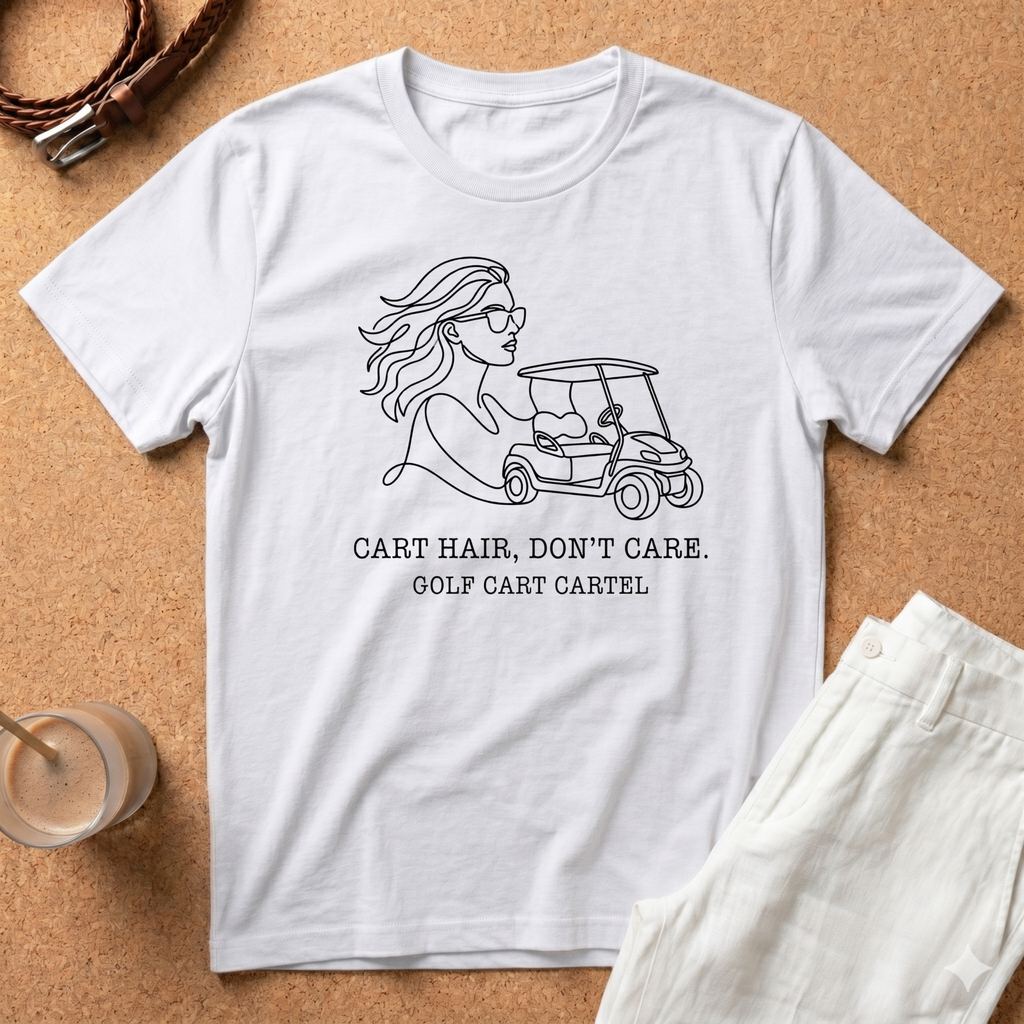 Golf Cart T-Shirt — “Cart Hair, Don’t Care” Graphic Tee for Golf Lovers