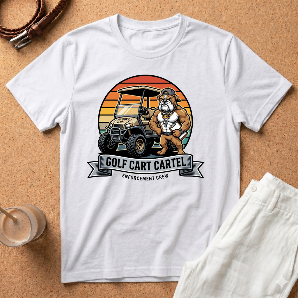 Golf Cart Cartel T-Shirt — Retro Sunset Golf Cart Graphic