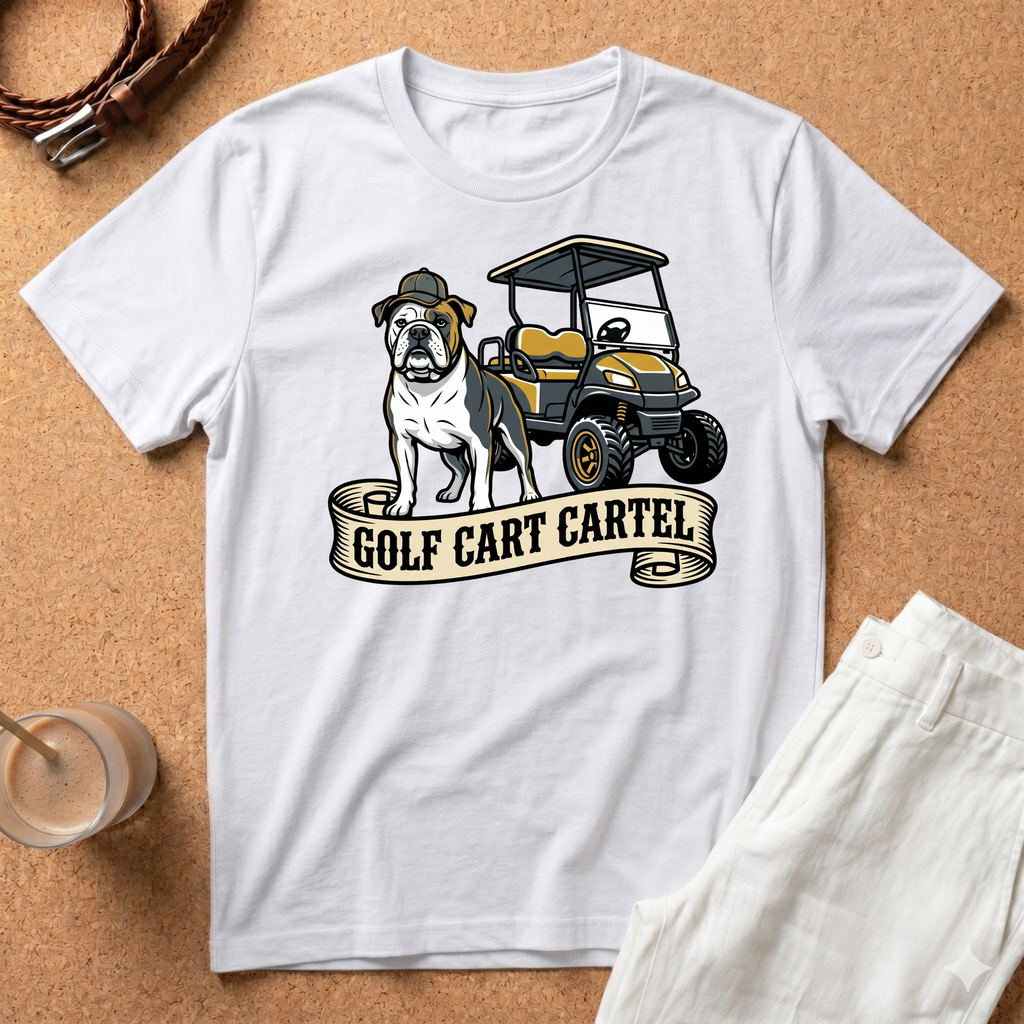 Golf Cart T‑Shirt — 'Golf Cart Cartel' Bulldog & Golf Buggy Graphic Tee