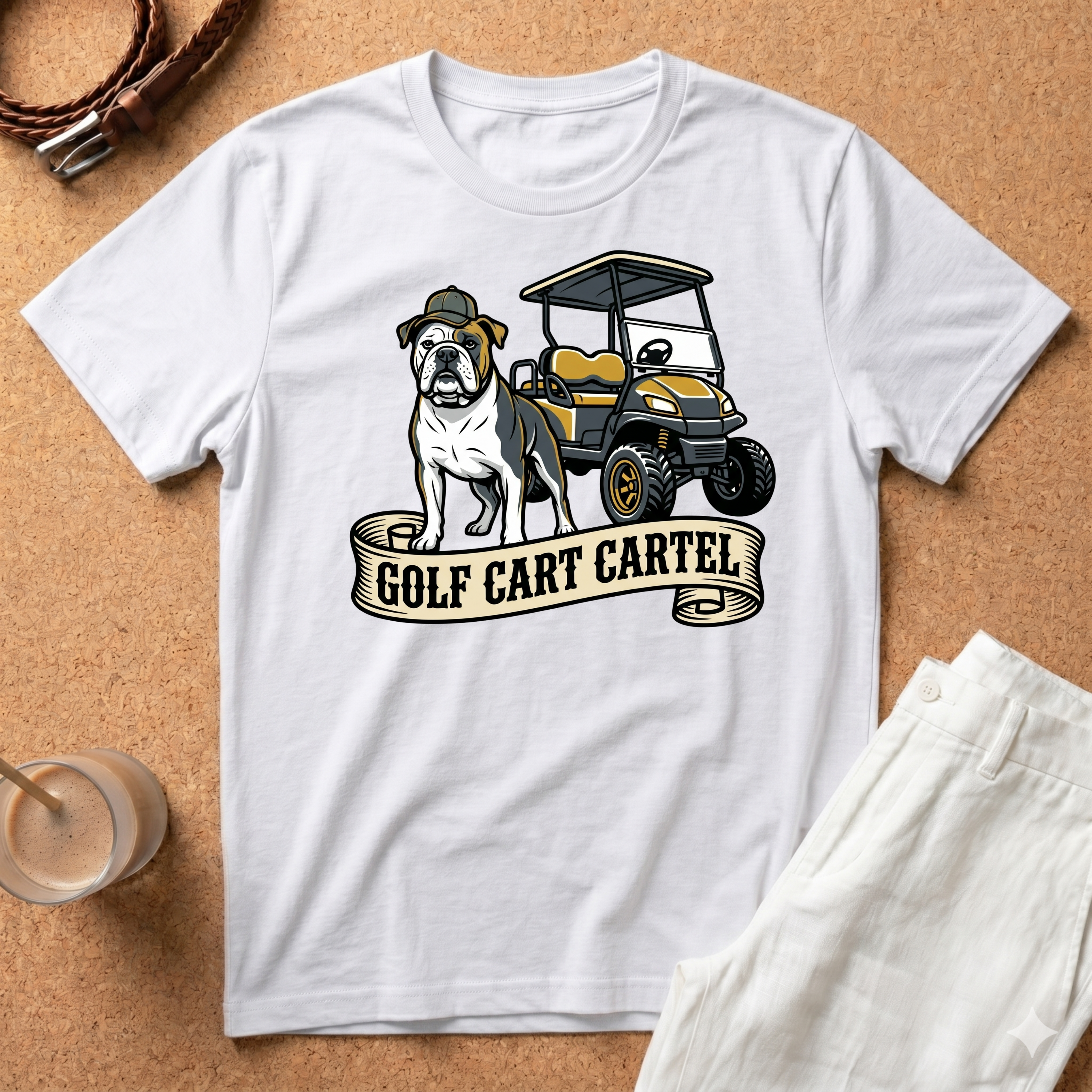 Golf Cart T‑Shirt — 'Golf Cart Cartel' Bulldog & Golf Buggy Graphic Tee