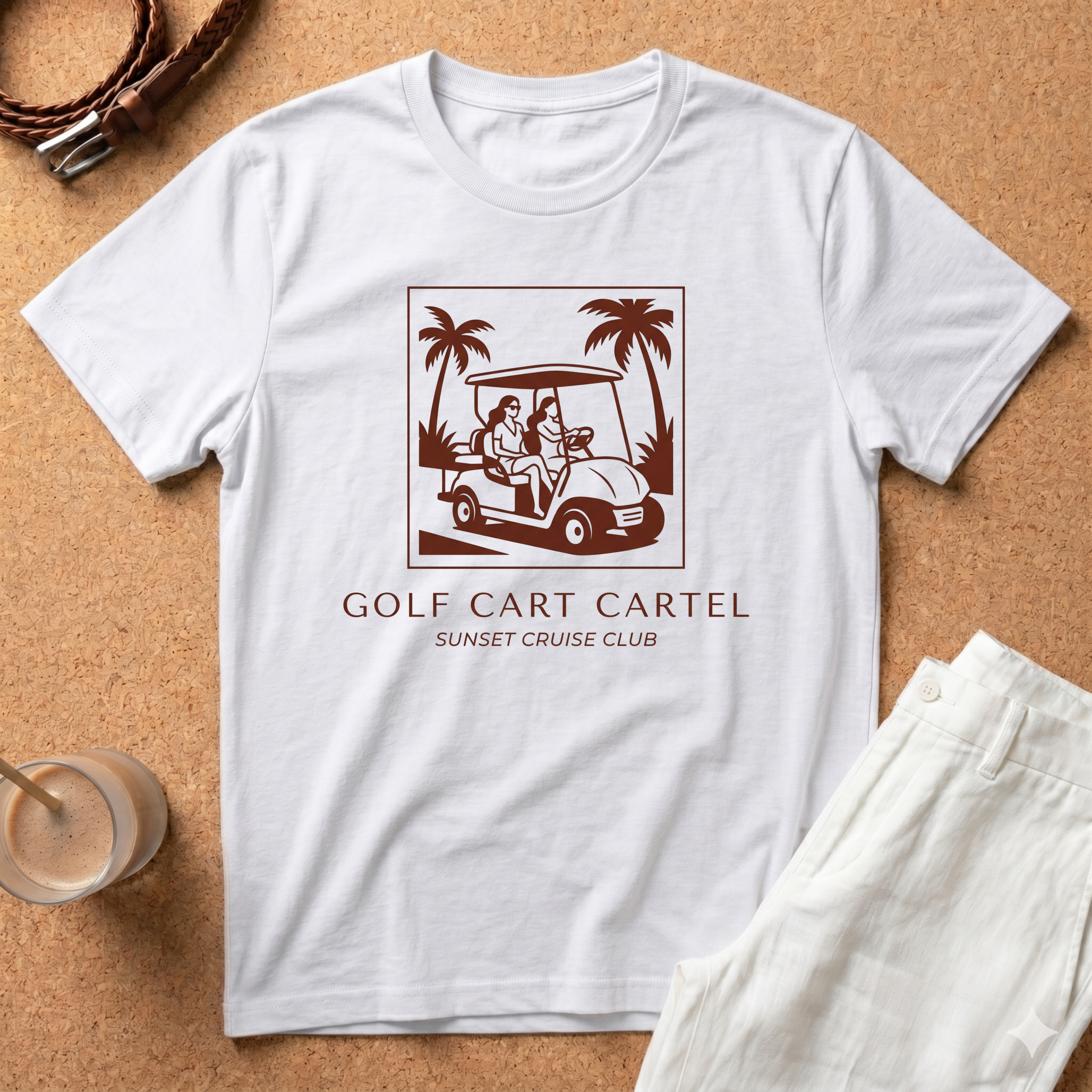 Golf Cart Cartel T-Shirt — Sunset Cruise Club Retro Palm Beach Tee