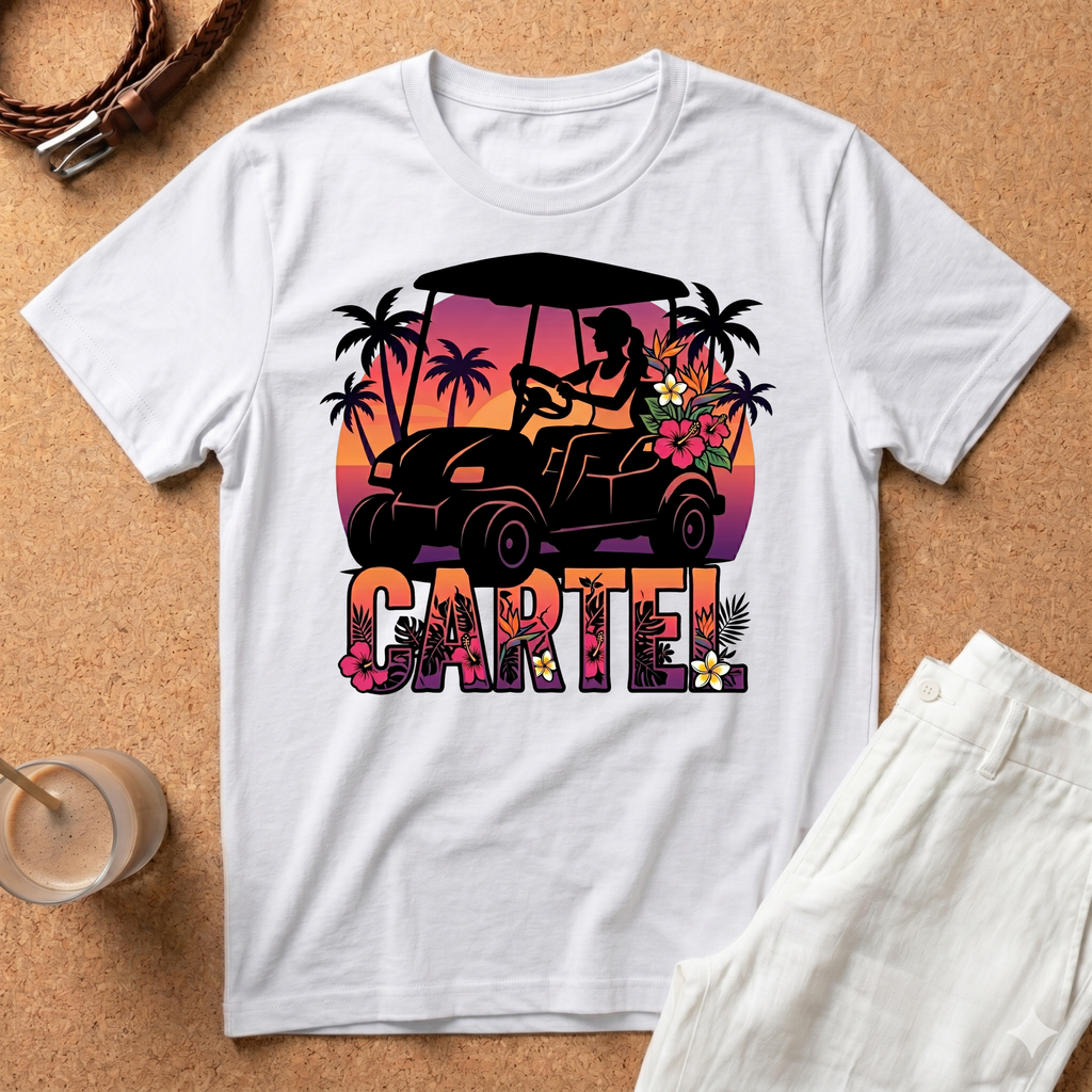Cartel Golf Cart Sunset T-Shirt — Tropical Palm Beach Vibes