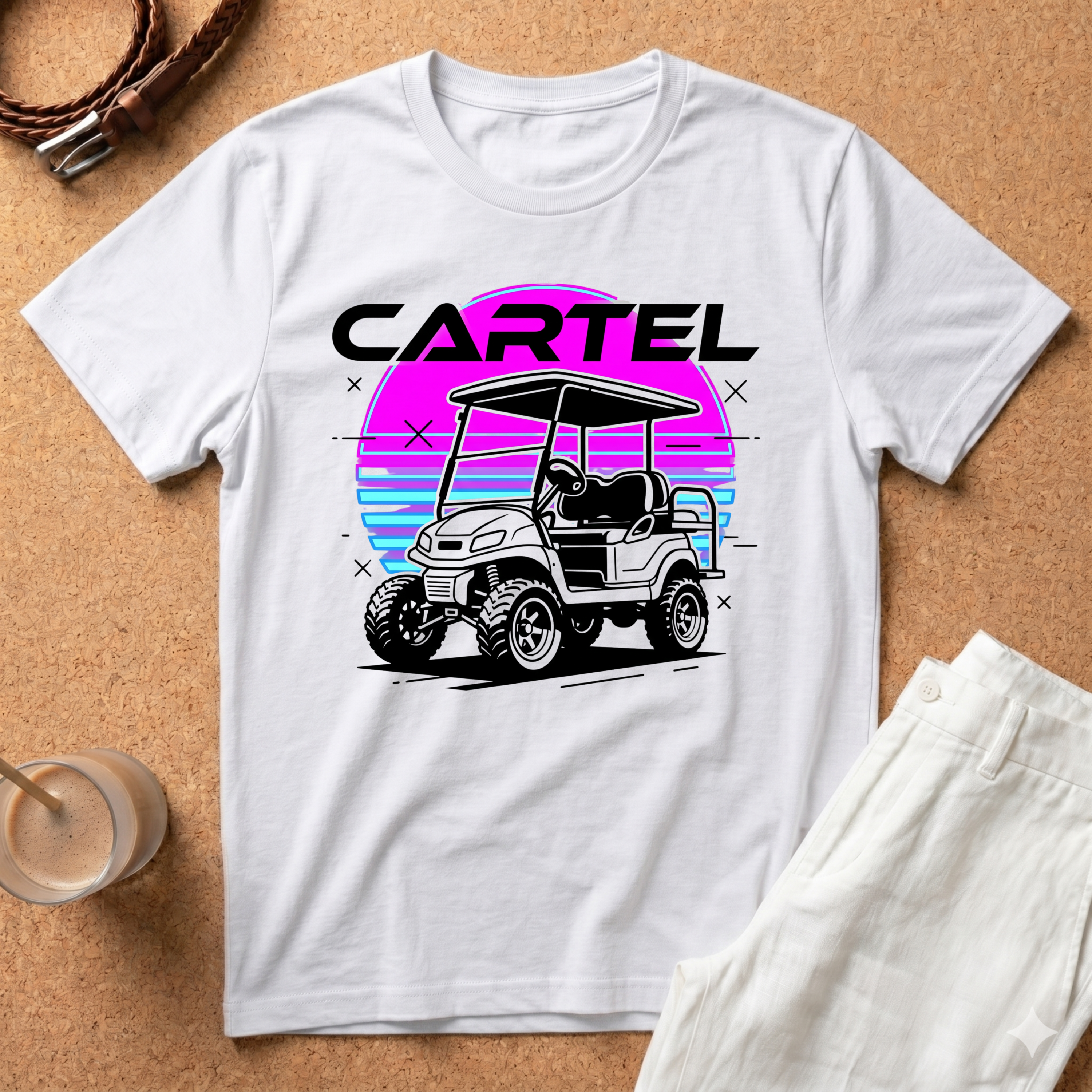 Cartel Golf Cart Retro 80s Sunset T-Shirt