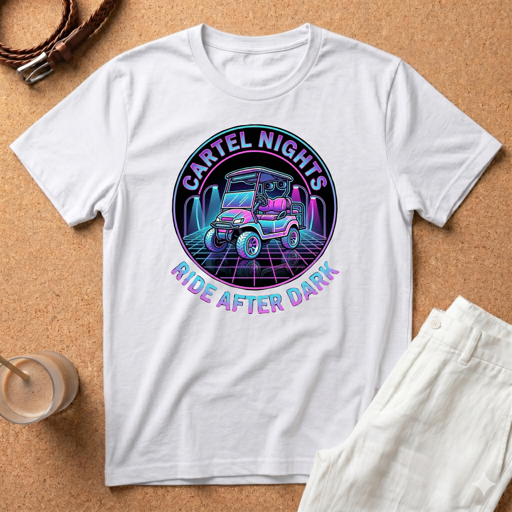 Cartel Nights Golf Cart T‑Shirt — "Ride After Dark" Retro Neon