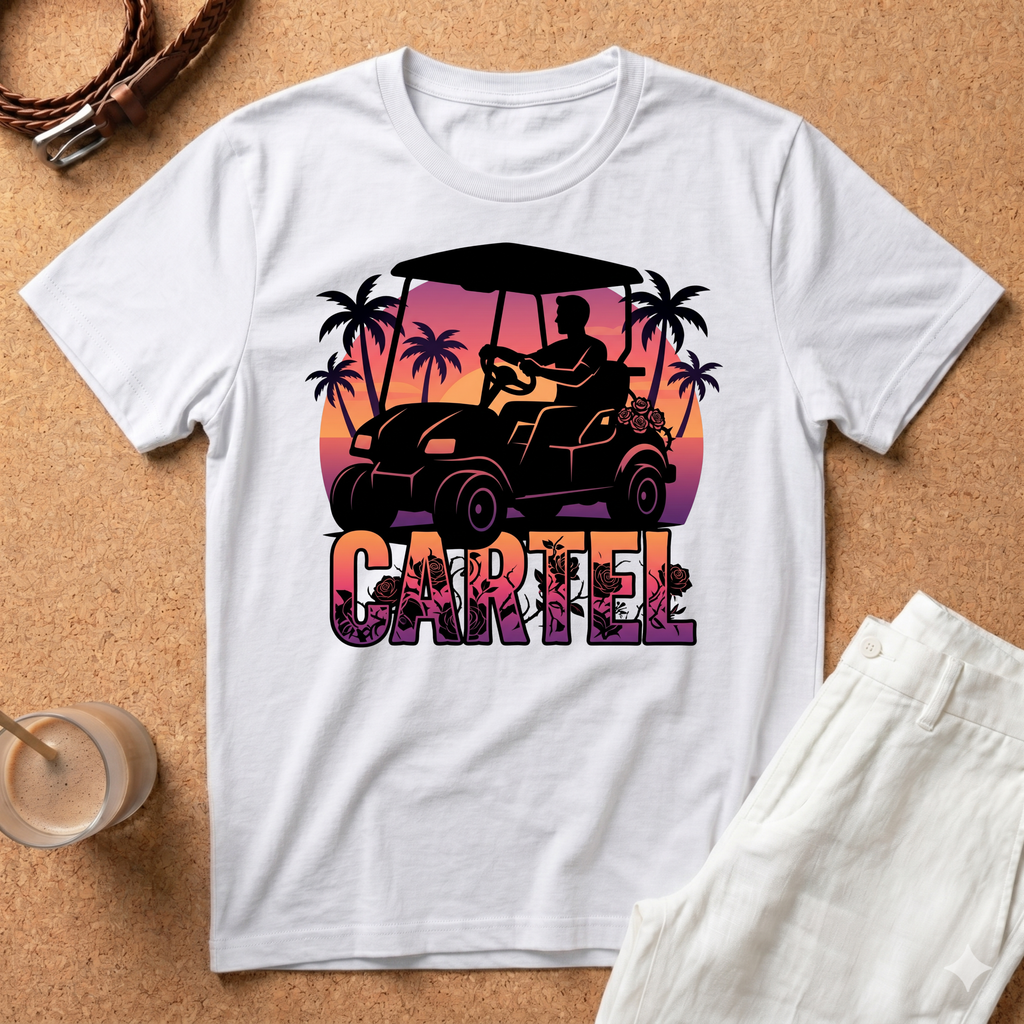 Cartel Golf Cart T-Shirt — Tropical Sunset Palm Beach Vibes