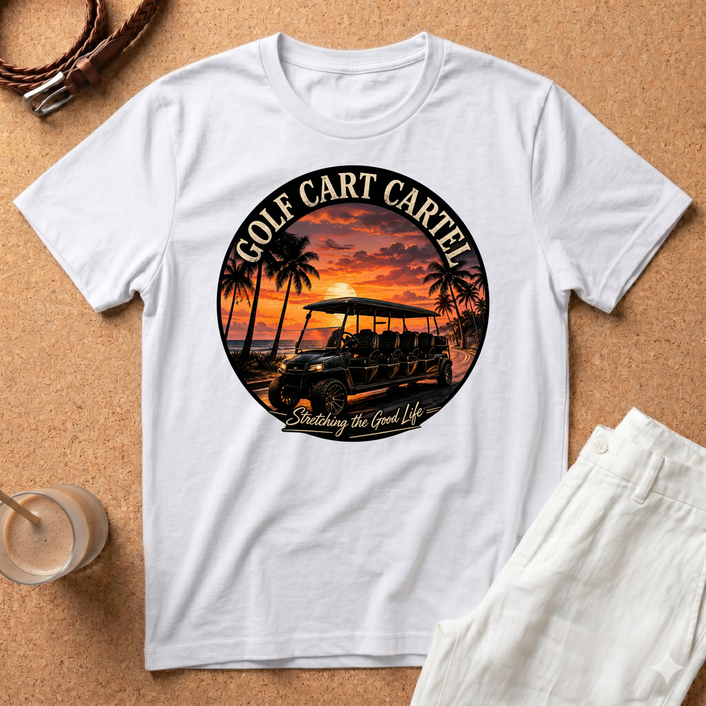 Golf Cart T-Shirt — "Golf Cart Cartel" Sun Set Graphic Tee